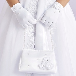 Girls White Flower Beaded Bag & Gloves Set - Evelyn & Naomi